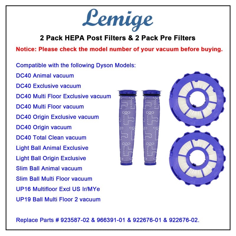 Lemige 2 Pack Post-Motor Filters & 2 Pack Pre-Motor Filters Replacement Parts for Dyson DC40, Light/Slim Ball Animal, Multi Floor, Origin and Total Clean Vacuums, Compare to Part 923587-02 & 922676-01 - Image 5
